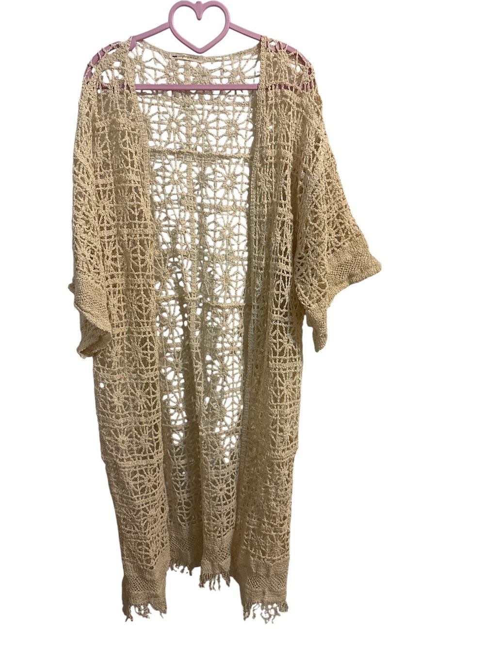 Do Everything With Love Cotton Crochet Open Front Kimono Cover-Up in Beige
